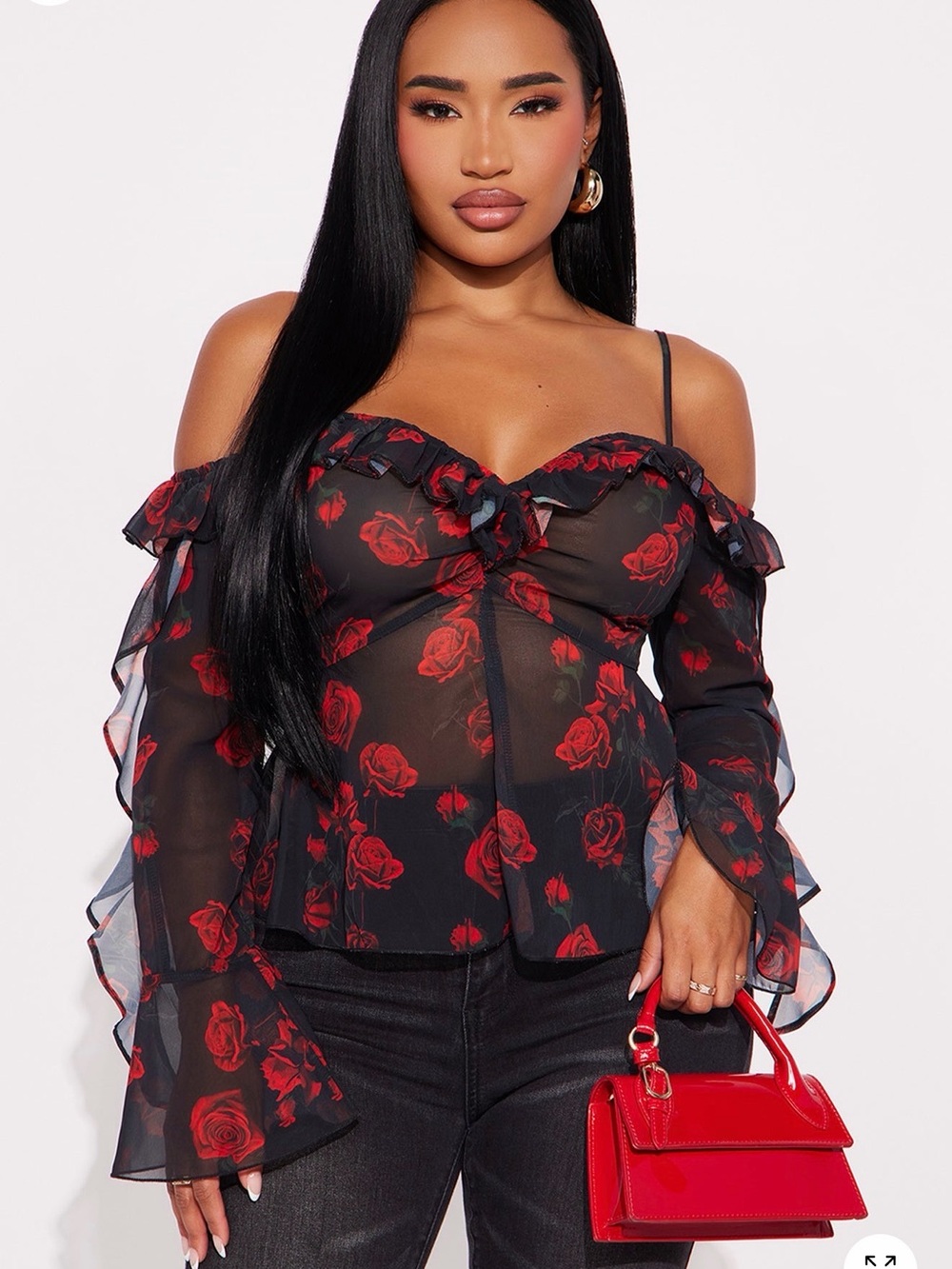 Sweet Delicate Rose Chiffon Ruffle Top - Black/Red
